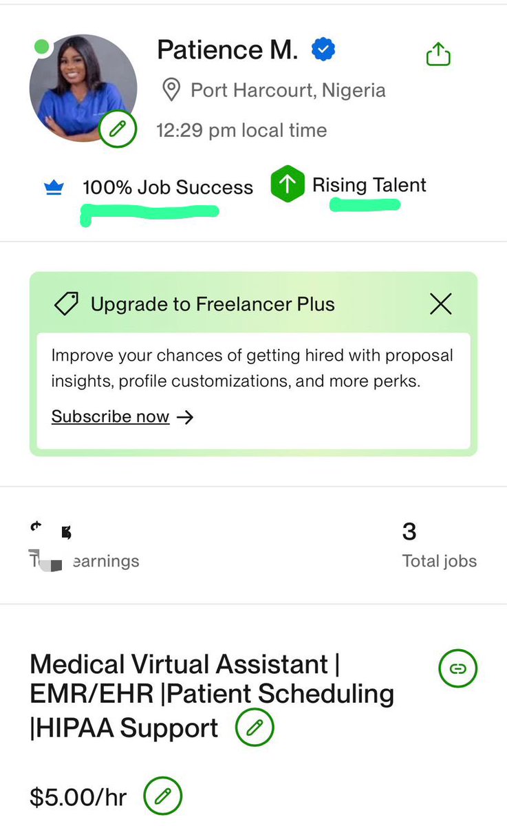 PatienceMedVA's tweet photo. A small win worth celebrating! 🎉
100% Job Success Score ✅ Rising Talent Badge ✅
As a Medical Virtual Assistant, I support providers with scheduling, patient intake, insurance verification, EHR management, and admin support.
Praying for bigger opportunities.
#MedicalVA #Upwork https://t.co/iPeZMJe6Xs