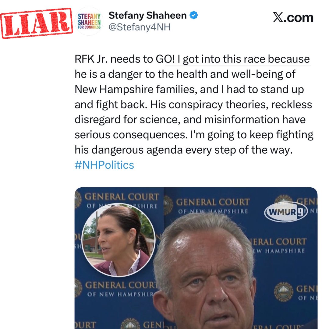 NHnewsUpdate's tweet photo. 🚨News Flash:
Stefany Shaheen said the reason she is running for Congress is because RFK Jr. is a danger.
She had no political ambitions prior?
Watch Stefany Shaheen’s daily lies, omissions, and exaggerations by following her comedic X account.
#NHPolitics #NHdems https://t.co/JYdtc0ntre