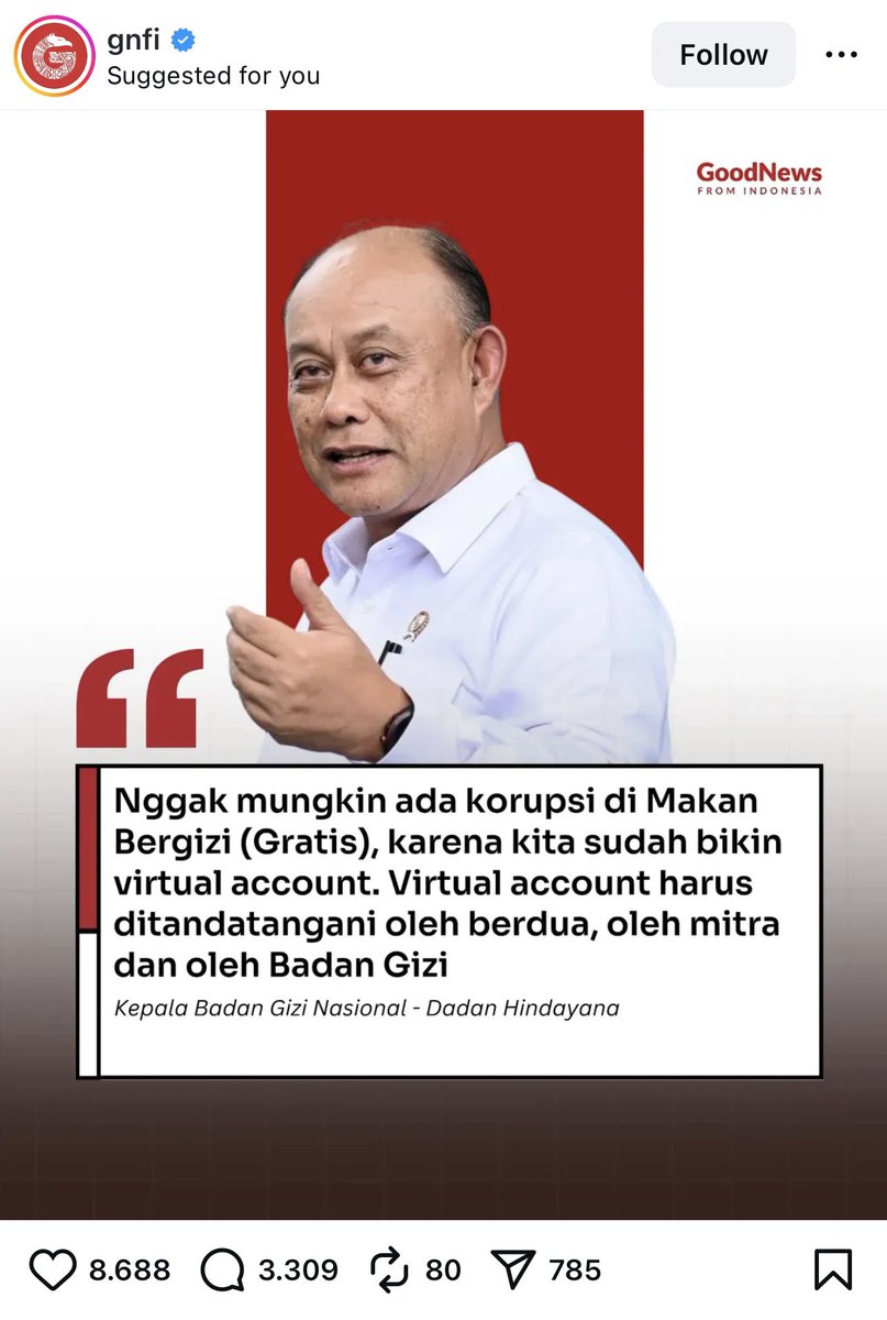 kebayoranbentar's tweet photo. ‘gak mungkin ada korupsi di makan bergizi gratis. karena kita sudah bikin virtual account. virtual account harus ditandatangani berdua, oleh mitra dan oleh badan gizi.

MONYEEETT DADAN HINDAYANA MONYEETT. makan itu gak mungkin korupsi. makan itu virtual account. kepala ortak kau lah gak mungkin korupsi. membusuk di penjara sana. 

#mbg #bgn #dadan