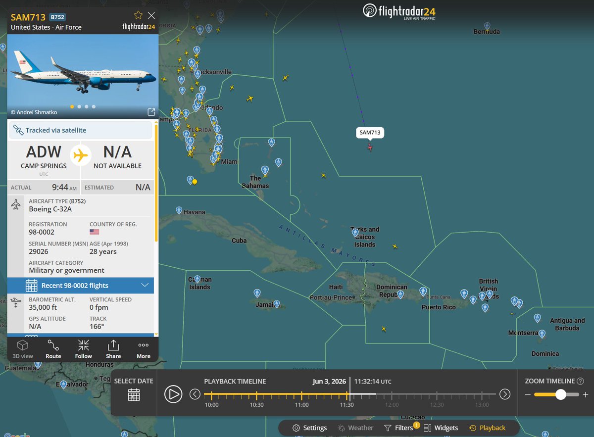 Flightwatcher1's tweet photo. #USAF C-32A
Código de llamada: SAM713
Matrícula: 98-0002
Hex: #adfeb8
Desde Andrews AFB🇺🇸 con destino a Caracas🇻🇪. 
Este tipo de avión es usado por muy altos cargos de la administración de EEUU. (Vicepresidencia, Sec. de Guerra)
#USA #Venezuela https://t.co/galUwmIYc7