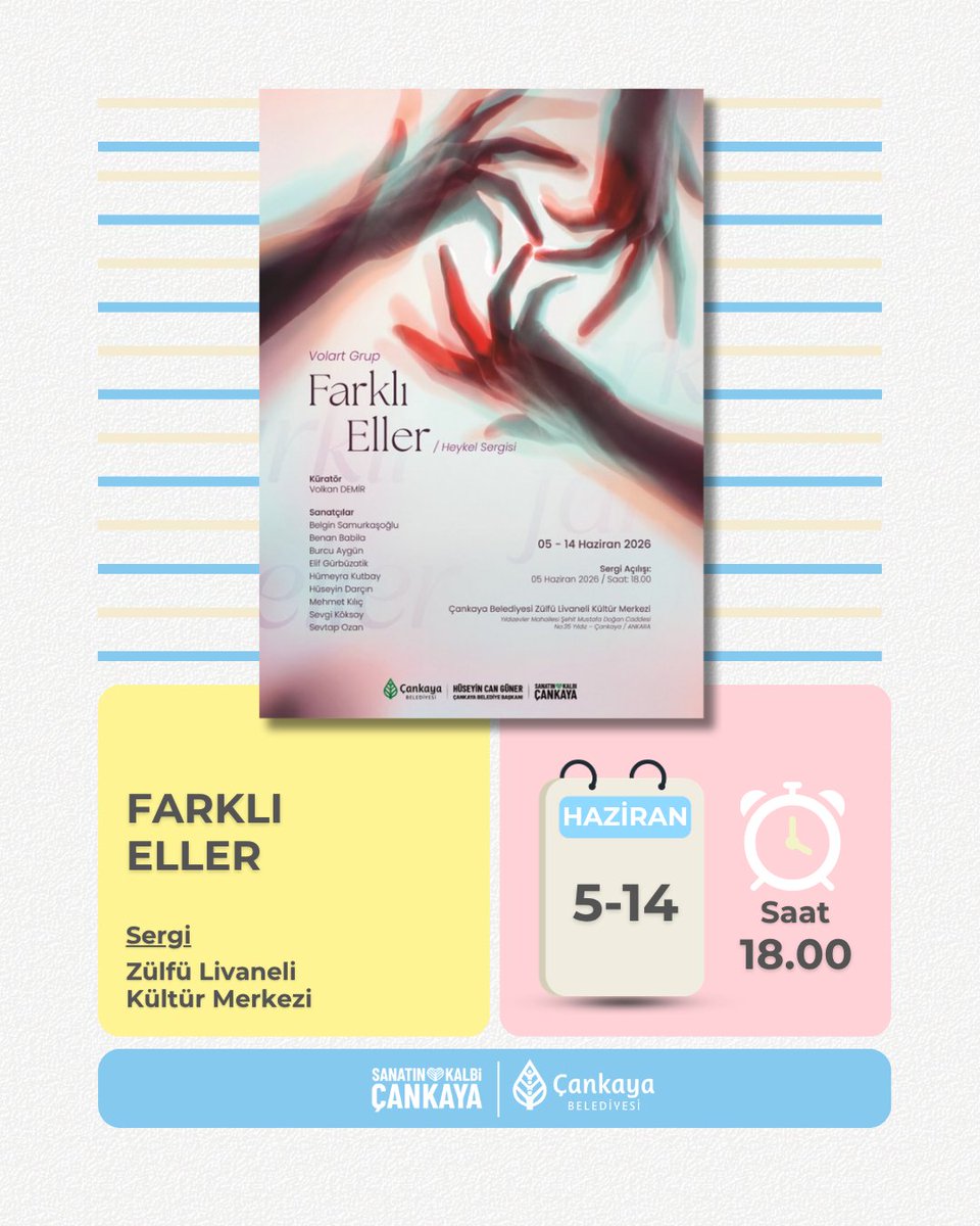 cankayaks's tweet photo. Farklı hayatlar, farklı deneyimler ve farklı bakış açıları aynı arayışta buluşuyor…

“Farklı Eller” heykel sergisi, sanatın dönüştürücü gücünü ve ortak üretimin izlerini bir araya getiriyor. Her eser; farklı mesleklerden, farklı yaşam deneyimlerinden gelen sanatçıların düşünce ve ifade biçimlerinin bir yansıması olarak izleyiciyle buluşuyor.💫

Küratör: Volkan Demir

👩🏻‍🎨👨🏻‍🎨
Belgin Samurkaşoğlu • Benan Babila
Burcu Aygün • Elif Gürbüzatik • Hümeyra Kutbay • Hüseyin Darçın • Mehmet Kılıç
Sevgi Köksoy • Sevtap Ozan

#SanatınKalbiÇankaya #ankaraetkinlik  #heykel #sergi