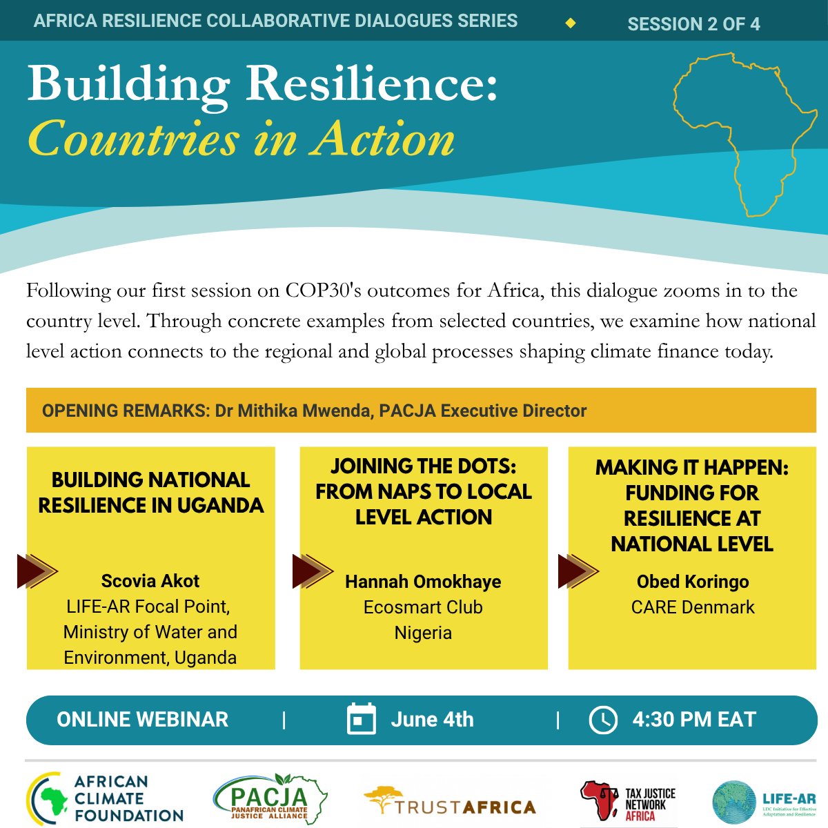 TrustAfrica's tweet photo. 🗓️ Session 2 | 4 June | 4:30 EAT: Building Resilience: Countries in Action
Through concrete examples from selected countries, we examine how national level action connects to the regional and global processes shaping climate finance today.
The event will be hosted by Beatrice HazeldineMakwenda, Trust Africa.
Featured speakers include:
Opening remarks: Dr Mithika Mwenda, Executive Director, PACJA

​Building national resilience in Uganda: Scovia Akot, LIFE-AR Focal Point,  Ministry of Water and Environment, Uganda
Joining the dots: from naps to local level action: Hannah Omokhaye, Ecosmart Club, Nigeria

​Making it happen: funding for resilience at national level: Obed Koringo, CARE Denmark
Register here: https://t.co/pBkh6MTXSK
Africa Resilience Collaborative is an informal collaborative of Africa-based regrantors who are joining forces to improve their reach and effectiveness in locally-led adaptation. Africa Resilience Collaborativecurrent members are:

Climate Justice Impact Fund for Africa (CJIFA) managed by the Panafrican Climate Justice Alliance (PACJA), Tax Justice Network Africa (TJNA), African Climate Foundation (ACF),  TrustAfrica (interim lead) and the Least Developed Countries Initiative for Effective Adaptation and Resilience (LIFE-AR).