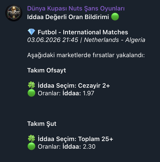 KeydoBot's tweet photo. 📊 Dünya Kupası Değerli Oran Kanalı 

Bülteni saatlerce taramanıza gerek yok, son gelişmelerden bildirim alın.

Öne çıkan fırsatları, değer taşıyan oranları ve son dakika gelişmelerini tek kanalda topluyoruz.

Kanaldan neler bulacaksınız?

✅ Anlık değerli oran paylaşımları
✅ Son 5 maç performans istatistikleri
✅ İlk 11'ler açıklandıktan sonra oluşan değerli fırsatlar
✅ Özel market açılınca bildirimler
✅ Bültene maç eklenince bildirimler

Ve çok daha fazlası...
Tamamen ücretsiz erişim.

Katılmak için:
1️⃣ @nutssansiddaa hesabını takip et
2️⃣ @keydobot hesabını takip et
3️⃣ Gönderiyi beğen ve RT yap
4️⃣ Yoruma "Katılıyorum" yaz

İlk fırsatları kaçırmamak için yerini al.