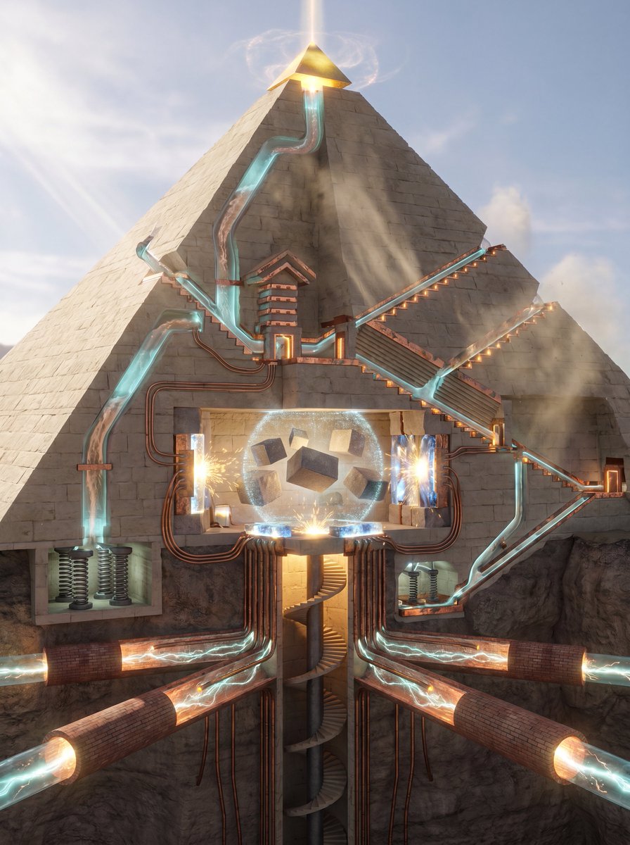 b655321's tweet photo. GOOD MORNING  @Tesla fans.  Isn't interesting how the newly confirmed chambers below the pyramids are even better than a Tesla machine we all know about... copper and zinc solutions in the chutes, piezoelectric quartz, sound vibration tuning and the natural spring make it a much superior version of TESLA'S WARDENCLIFF TOWER which moved the Earth and was shut down.  HMMM....🧐