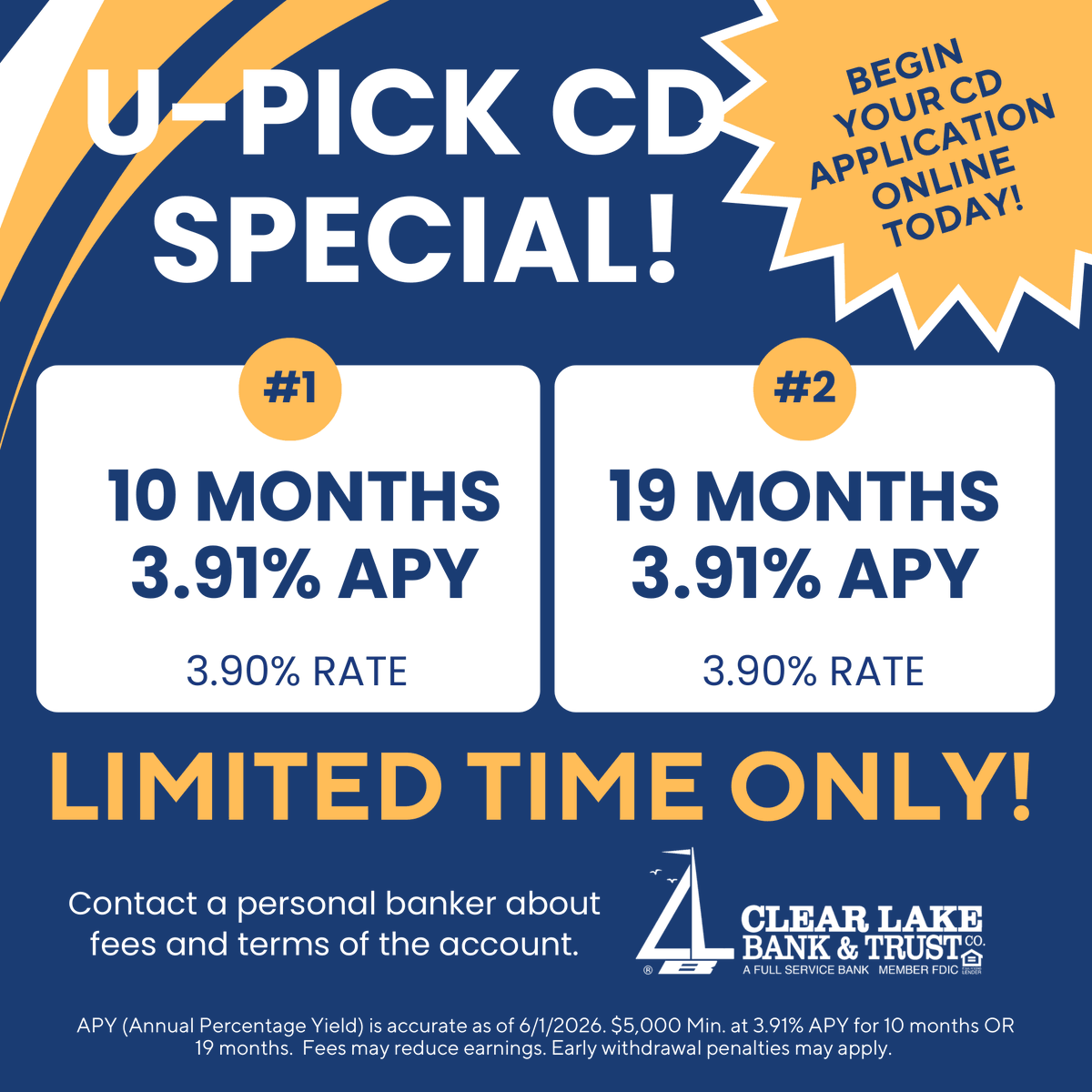 CLBankAndTrust's tweet photo. Check out our latest U-Pick CD Special! These rates won't last - head to our website or contact a personal banker to apply today! https://t.co/joVnurObbZ