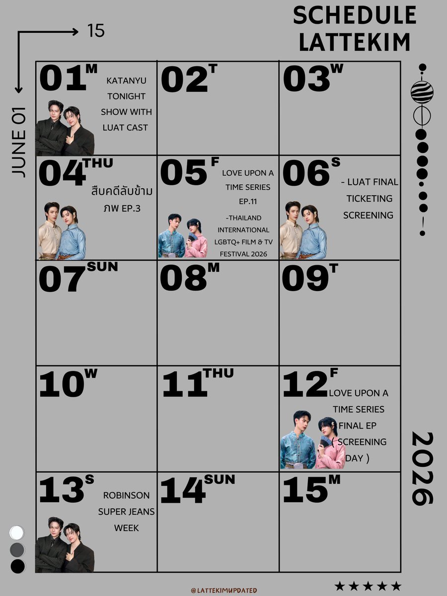 Lattekim__'s tweet photo. ╚✧SCHEDULE UPDATED✧╝
╚►#LatteKimSchedule🐶🦖

🗓 : 01- 30 JUNE 2026
( UPDATED SCHEDULE : 04,05 &amp; 6 JUNE 2026 ) 

🤎𝙎𝙩𝙖𝙮 𝙏𝙪𝙣𝙚𝙙 𝙁𝙤𝙧 𝙈𝙤𝙧𝙚 𝙪𝙥𝙙𝙖𝙩𝙚💛
@latte_tnc @Kkim_pongsaton
#LatteKim #LatteTNC #kkim_pst #ลาเต้คิม https://t.co/BGvvhR4pIJ