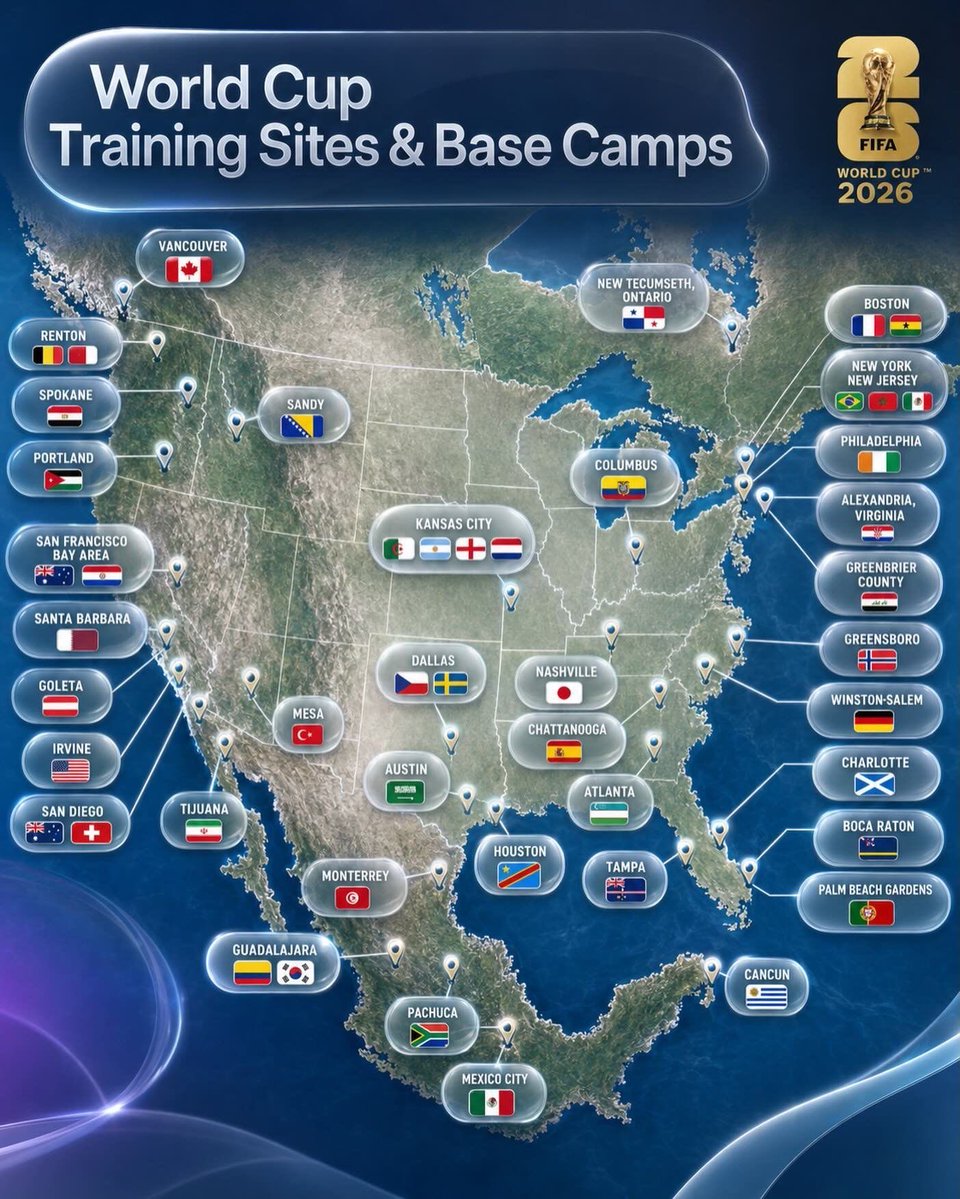 WorldCup26HQ's tweet photo. A map of all World Cup base camps. 📍🗺️ https://t.co/Rawumv6Fqi