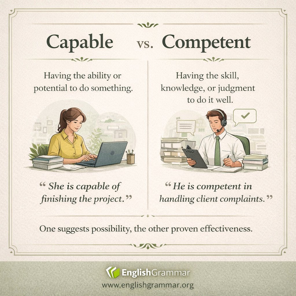 GrammarUpdates's tweet photo. Capable vs. competent: what is the difference? https://t.co/4nypDqtn5T