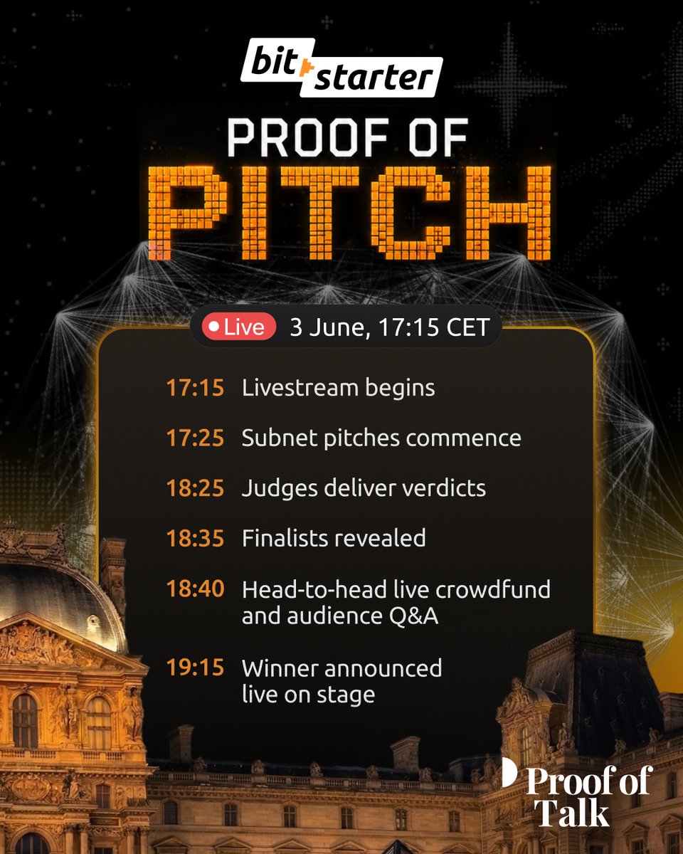bitstarterAI's tweet photo. Live pitches. Live judging. Live crowdfund.

The Bitstarter crowdfund comes to the Louvre today as four teams compete for a #Bittensor subnet slot at Proof of Pitch.

Full running order below⬇️

17:15 CET today at @proofoftalk https://t.co/4E59jwKXyk
