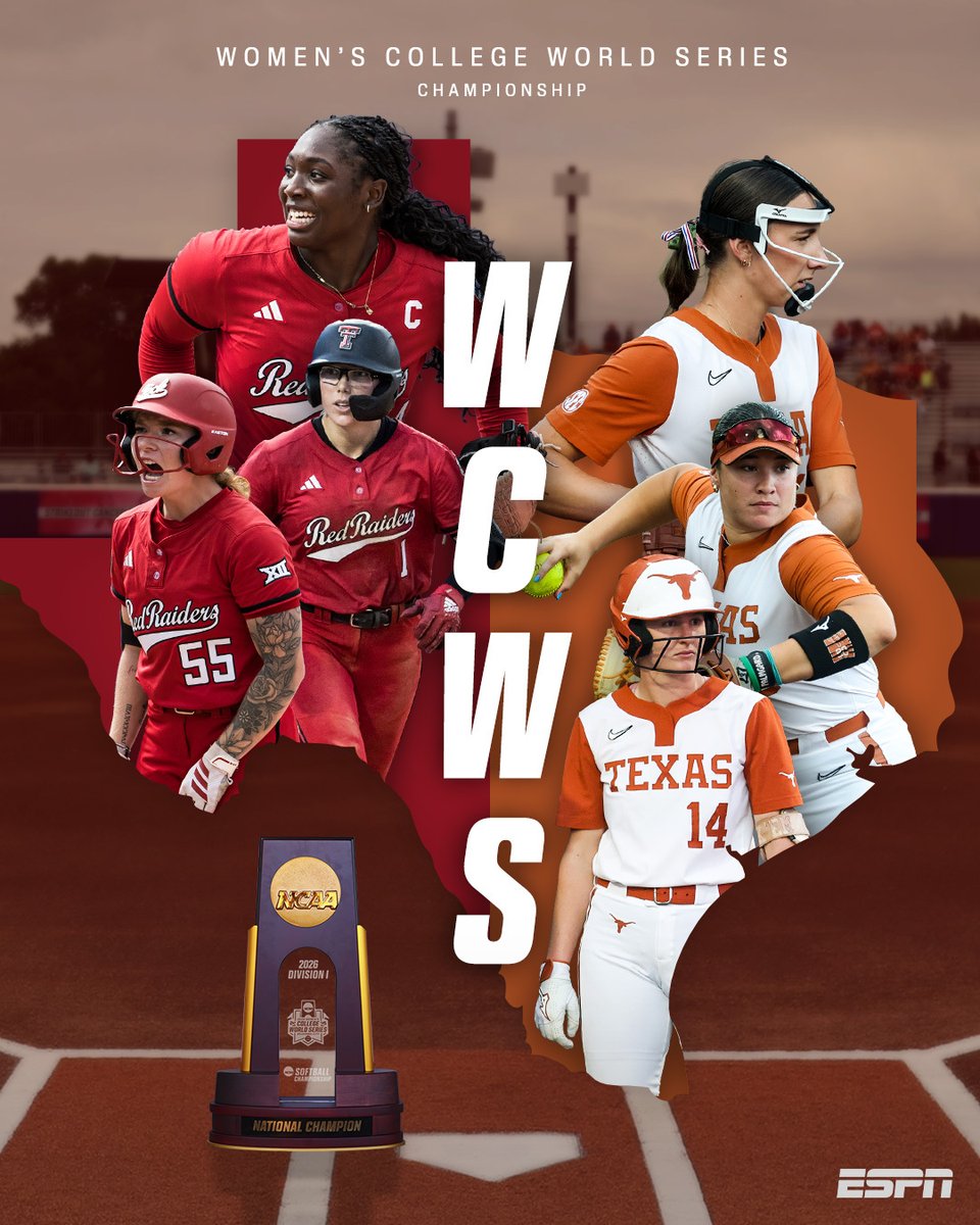 espn's tweet photo. Texas Tech and Texas face off in the championship series once again 🔥

Who will win it all in the WCWS Finals on ESPN and the ESPN App 🍿 https://t.co/vfsQrghJtR