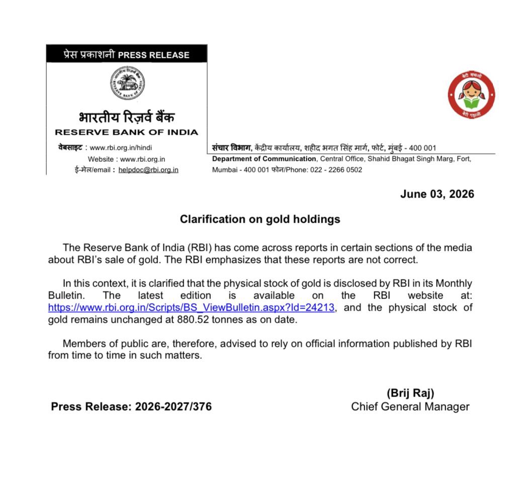rajuparulekar's tweet photo. The RBI denies Sale of Gold reports in the media and says its latest Monthly Bulletin is available. 

However, the Monthly Bulletin provides figures till 15th May 2026 and the Foreign Exchange figures are available till 24th April 2026. 

What happened between 16th May and 31st May, 2026❓Did the figures remain unchanged till 31st May, 2026❓

The RBI @RBI has not been able to truly refute the Bloomberg Report.