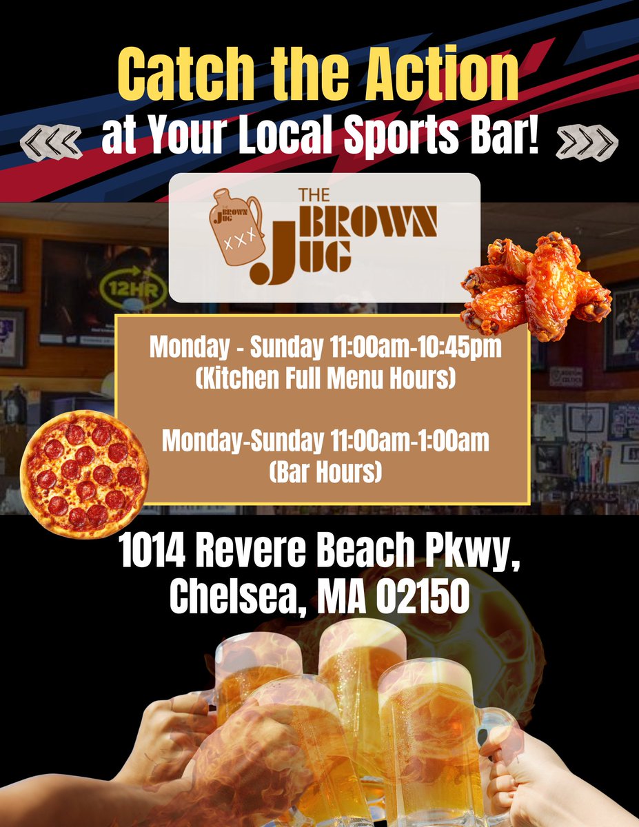 ChelseaCommerce's tweet photo. Catch the action at The Brown Jug! Great food, cold drinks, and all your favorite matches and games under one roof.

📍 Chelsea, MA
🍕🍗🍺
See you at The Jug!
#TheBrownJug #ChelseaMA #SportsBar #FIFA #GameDay #FIFAWorldCup2026 https://t.co/2kIg0IskNZ