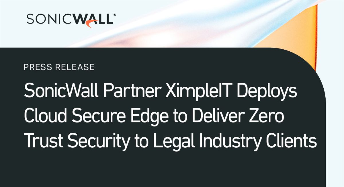 SonicWall's tweet photo. A single VPN breach pushed XimpleIT to go all-in on Zero Trust. 

Now they deliver enterprise-grade security to law firms across their MSP base with SonicWall Cloud Secure Edge. Moving to the cloud does not make you secure by default. https://t.co/NeKVeiCaSn

#Cybersecurity https://t.co/zjyTzqAP8U