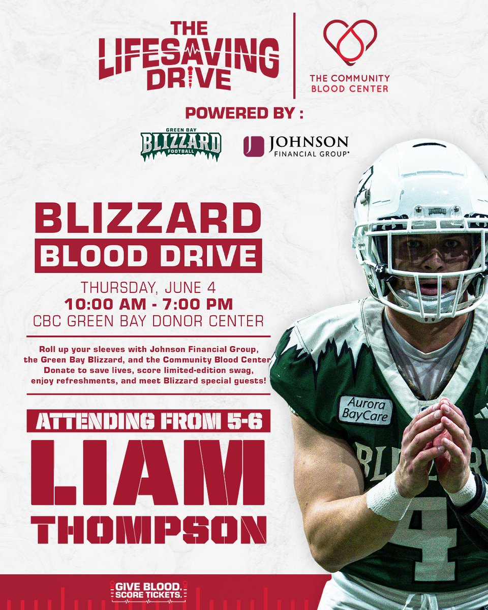 gbblizzard's tweet photo. UPDATE!! We'll have QB Liam Thompson at our Lifesaving Drive June 4 event tomorrow between 5-6. Stop by the Community Blood Center in Green Bay, donate blood, and receive a special gameday experience 👀

TLD partners: The Community Blood Center, Johnson Financial Group
#GoBlizz https://t.co/MotECRcLqa