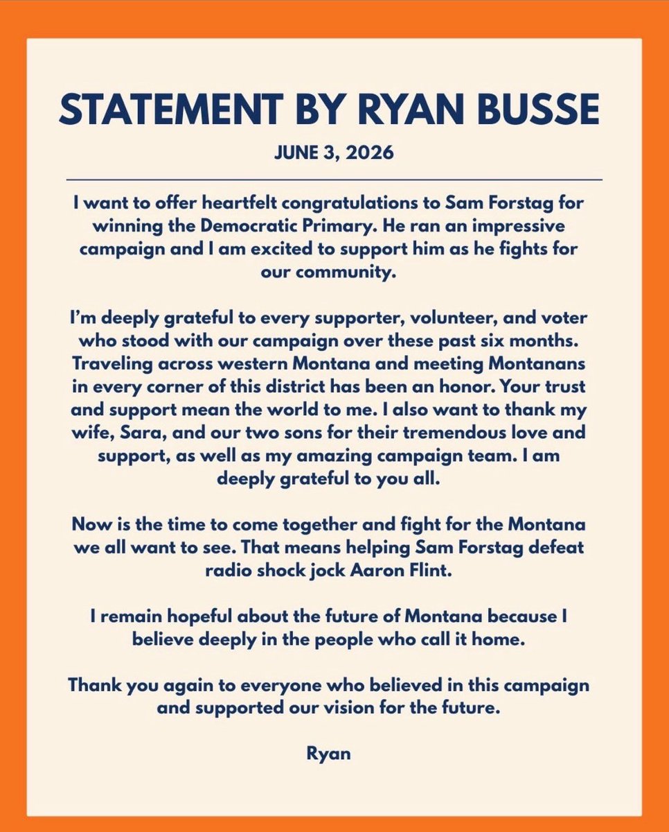 SamUSOH's tweet photo. Sam Forstag wins a nail biter for the Dems in Montana Congressional District 1. He will face Aaron Flint. 

Ryan Busse has officially conceded. 

AOC and Bernie got their primary victory in Montana. 

@AOC @BernieSanders @SamForstag https://t.co/m7d0Z3I4bU