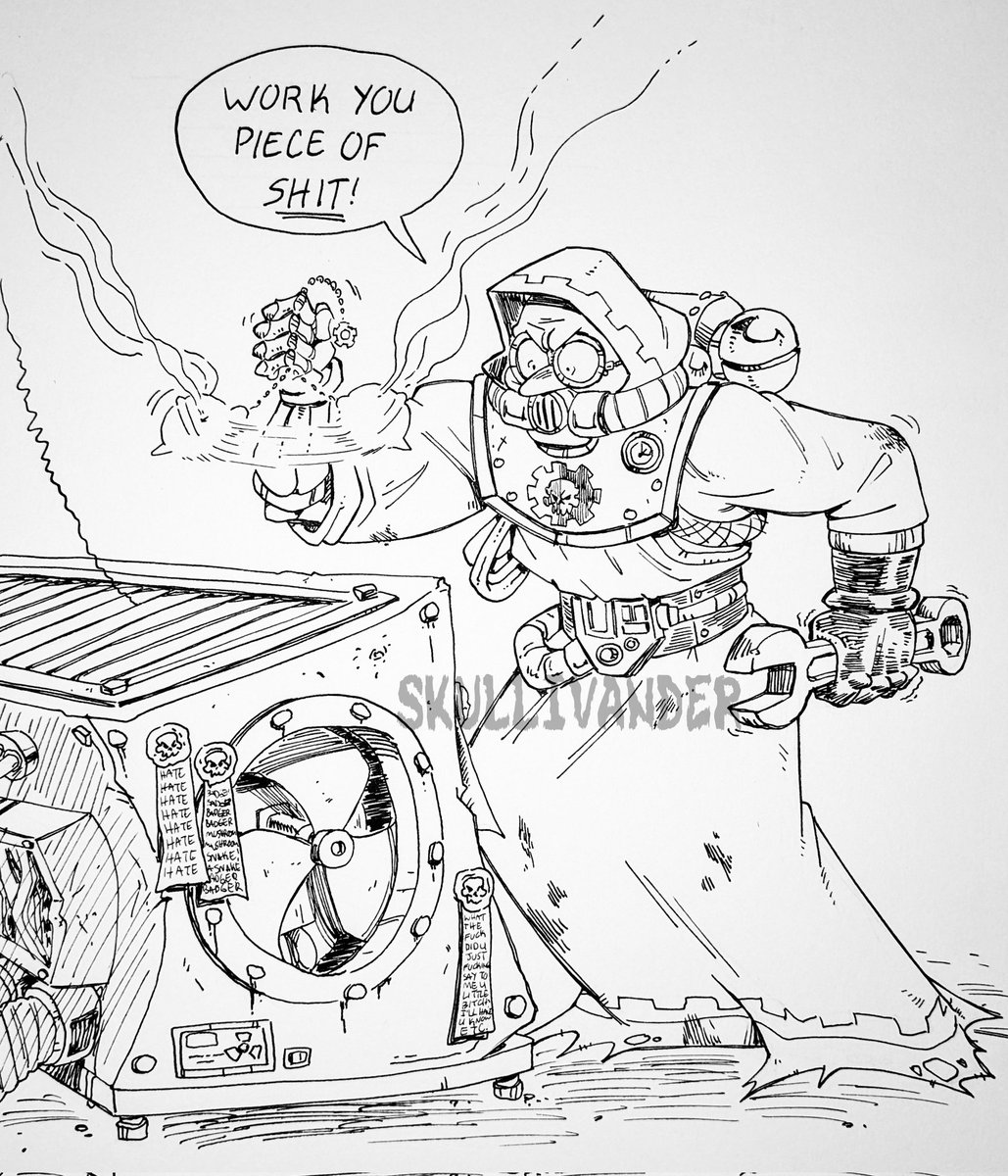 Skullivander's tweet photo. At a certain point an Admech has to get frustrated enough to employ percussive maintenance, right? There's only so much chanting over the air conditioner you can do before you start throwing hands with the machine spirit. https://t.co/SJSoUVEYH4