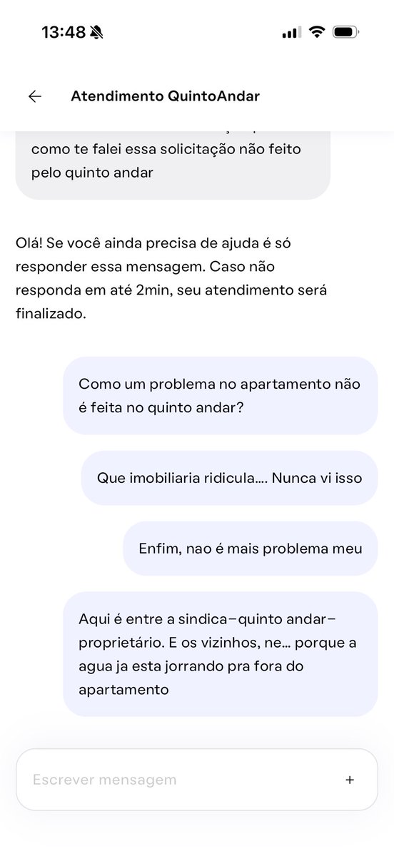 AnguloAppSocial's tweet photo. @quintoandar Resposta do time de ressarcimento do quinto andar kkkk

Um problema hidráulico fazendo agua do apartamento jorrar sem parar pra fora do apartamento, atingindo o condomínio,  não é culpa do quinto andar e eles não conseguem cobrar o proprietário.

JAMAIS ALUGUEM NO @quintoandar https://t.co/104D2SInzw