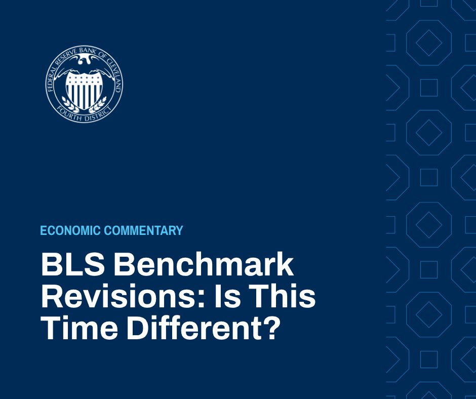 ClevFedResearch's tweet photo. Cleveland Fed researchers discuss the @BLS_gov’s payroll benchmark revisions, the role of these revisions, BLS methodology, and recent time series in a new report. See their findings: https://t.co/i9yccfgTtp https://t.co/XROIi0y0M7