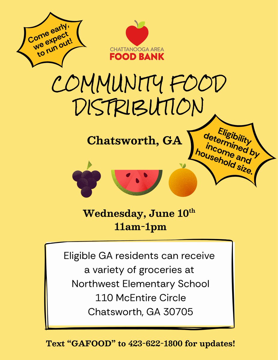 chattfoodbank's tweet photo. HEY CHATSWORTH! Eligible Georgia residents can receive FREE GROCERIES on 6/10 and 6/13. https://t.co/MPNXbHCY9B