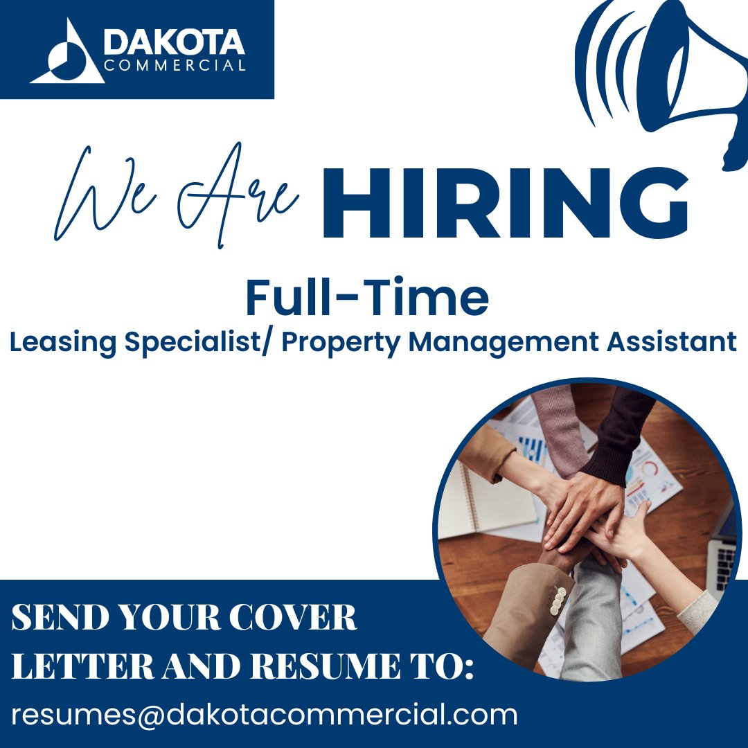 DkotaCommercial's tweet photo. 🚨 We're Hiring: Full-Time Leasing Specialist/Property Management Assistant! 🚨
Join Dakota Commercial — a locally owned property management team that values professionalism, teamwork, and a positive attitude!
Apply today, see full listing on our website, https://t.co/2VMhu6unU9! https://t.co/sH4kEg7JMA