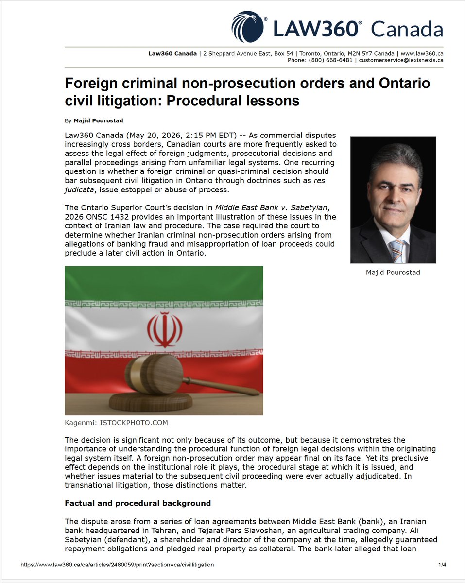 nationsgatelaw's tweet photo. Our latest article, "Foreign #Criminal Non-Prosecution Orders and #Ontario Civil #Litigation: Procedural Lessons," was originally published by @law360ca (https://t.co/A0nwILeHmv), part of @LexisNexisCan Inc., in May 2026.
To read the full article:
🔗 https://t.co/rG2Z6TSoyB https://t.co/EnMCUsZMUk