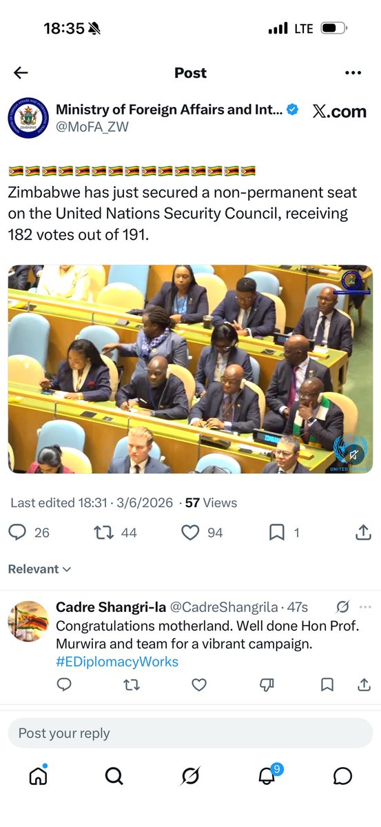 TendaiChirau's tweet photo. Uchanzwa mumwe murume murefu anezuda anonzi @matinyarare akuti ndini ndati Zimbabwe ihwine non-permanent seat ku security council.  Welldone Zimbabwe under the sagacious leadership of our esteemed leader President Emmerson Mnangagwa. https://t.co/85XJlw60kD