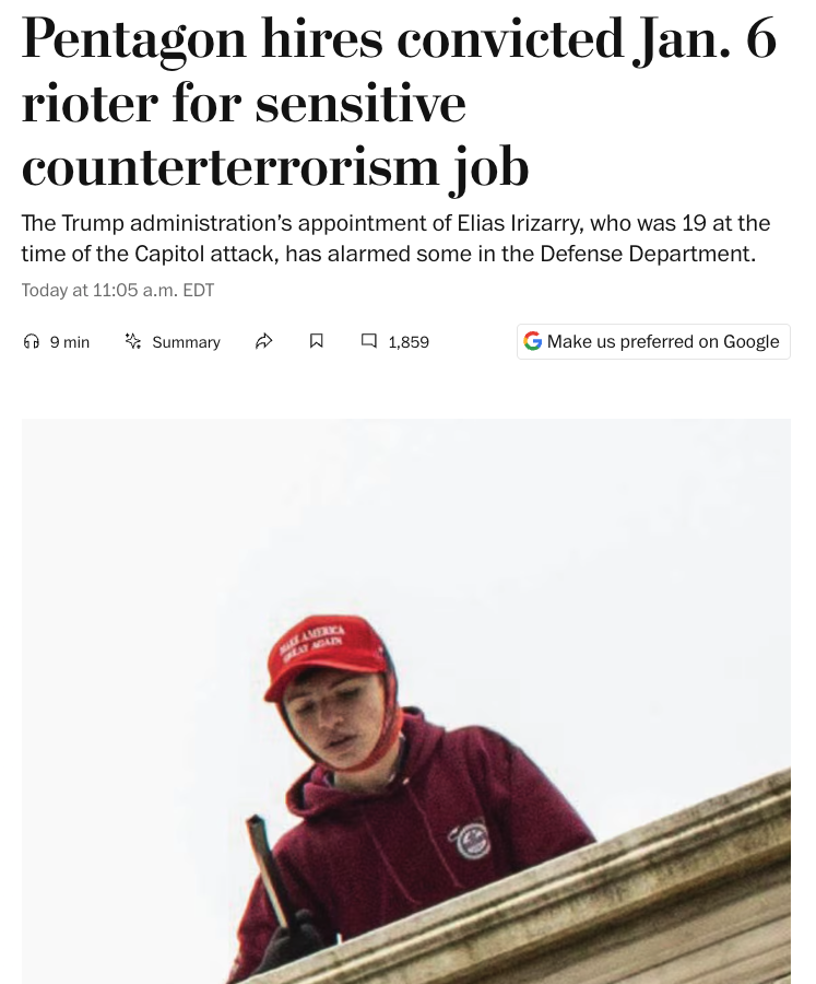MarkWarner's tweet photo. “Two people characterized the work as among the most delicate that the Pentagon performs.”

This administration thinks a convicted Jan. 6 rioter should be doing that kind of work????? https://t.co/ph7FpUrZAe