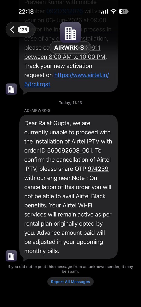 RajatProd's tweet photo. @Airtel_Presence what is wrong with the installation of IPTV. Showing as DTH in the app. Already paid and now request cancelled due to shortage of DTH. 
What’s the issue in installing IPTV? https://t.co/gCwU6YcNZS