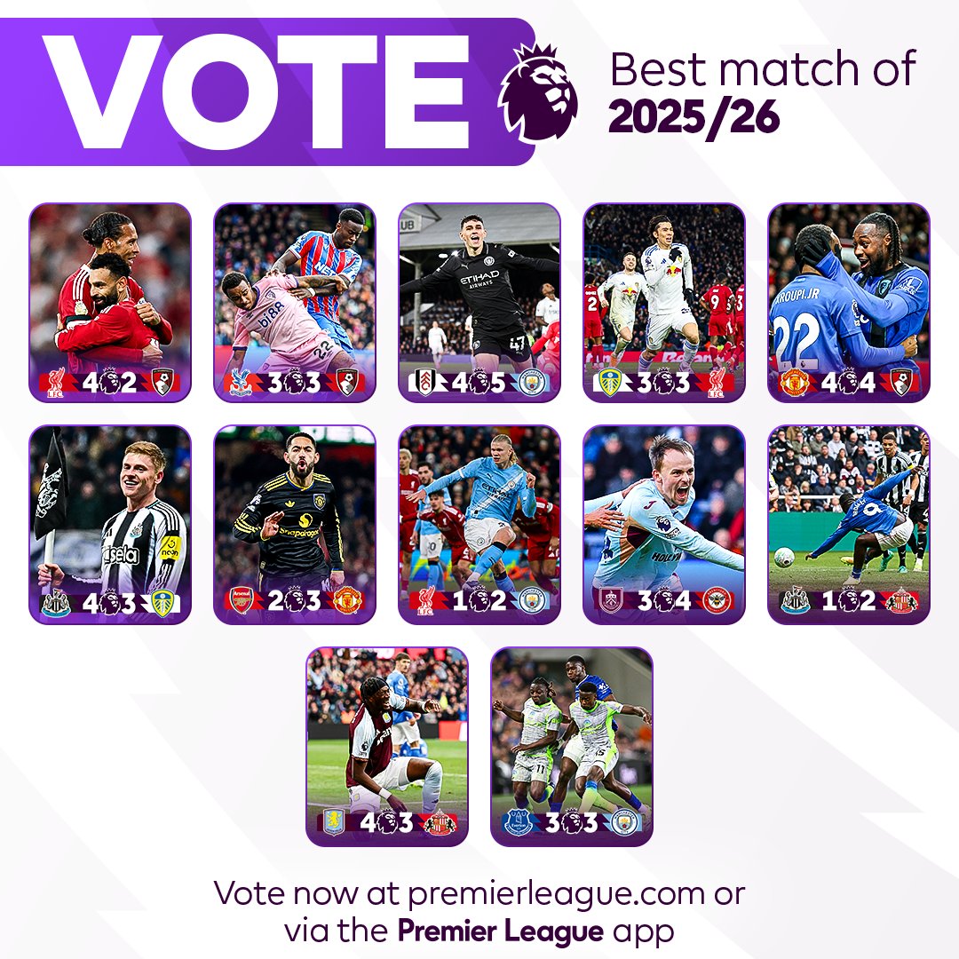 premierleague's tweet photo. What was the best match of the 2025/26 season?

Take your pick 👉 https://t.co/K8LzMk8DTI https://t.co/FRiw9PhXTT