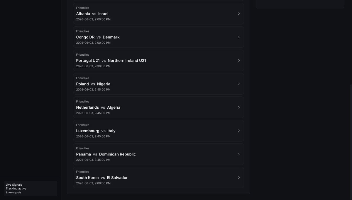 Sharpplayapp's tweet photo. 🗓️ Today's football friendlies on SharpPlay — June 3rd
12 fixtures tracked. Markets analyzed. Value trades flagged automatically.
Tap any game. The platform does the rest. https://t.co/VhCqk7AkWz https://t.co/T0ZZ9Xkrnu