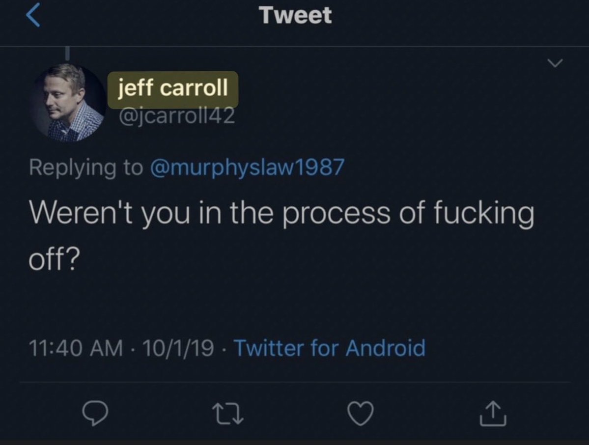 murphyslaw1987's tweet photo. Fun fact (for me, at any rate): Carroll is an asshole. I’ve also seen him get nasty like this when somebody else (not connected to me) publicly criticized him for an undisclosed financial conflict of interest. https://t.co/5v8xMiBUg8