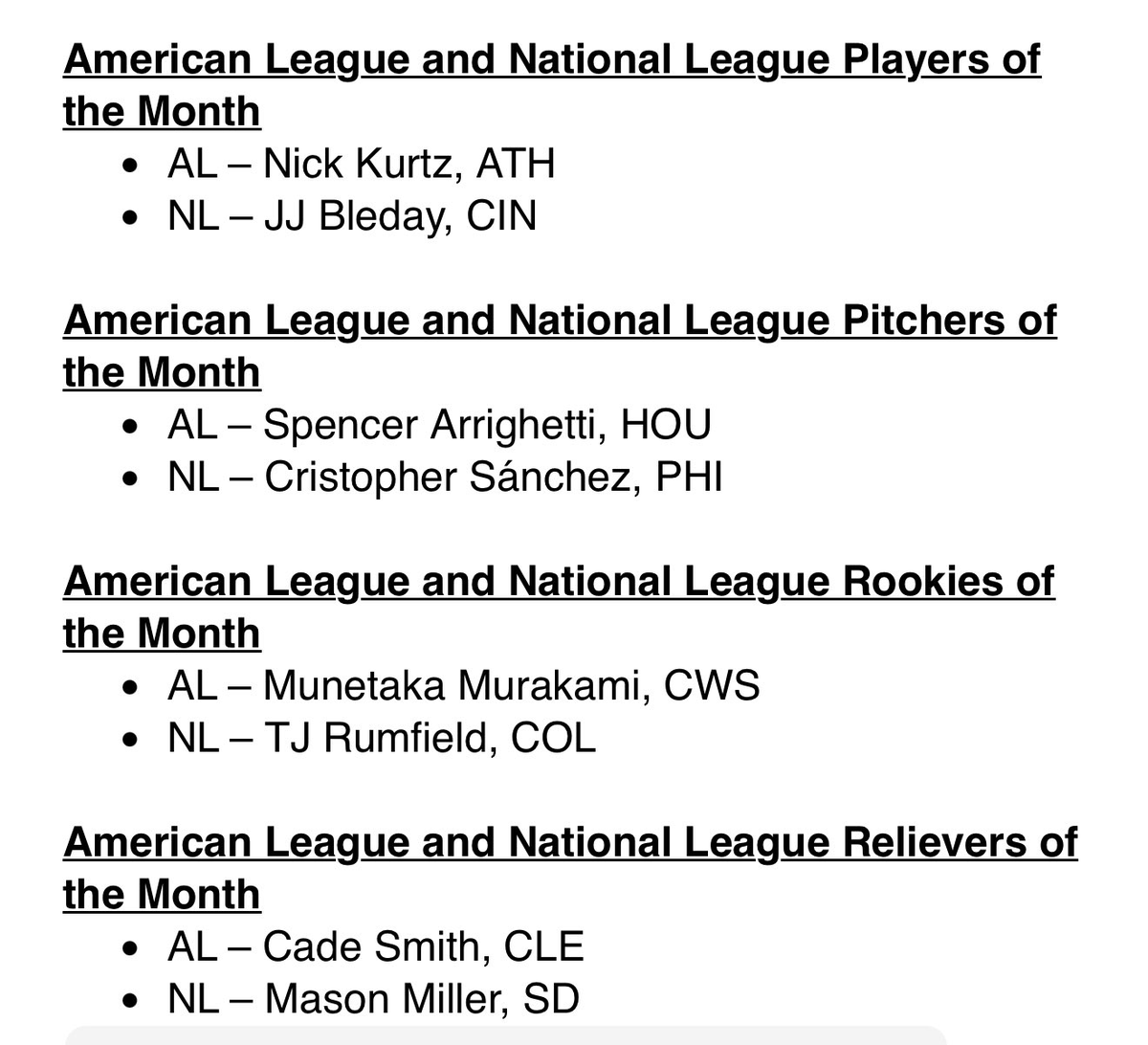 TheStrikeOutFr's tweet photo. Les awards de ce mois de mai ! Et c'est finalement Sanchez qui a été préféré à Miz pour le titre de meilleur lanceur de NL. Il y a des surprises selon vous ? https://t.co/p2ENuW65a2