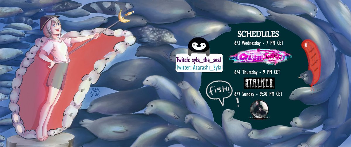 Azarashi_Syla's tweet photo. Schedules for this week! 🐧🌭🦭 #StreamerGirlOverdose #Stalker #PlagueTaleInnocence #Vtuber #ENVtuber https://t.co/TOdvvGjCbw