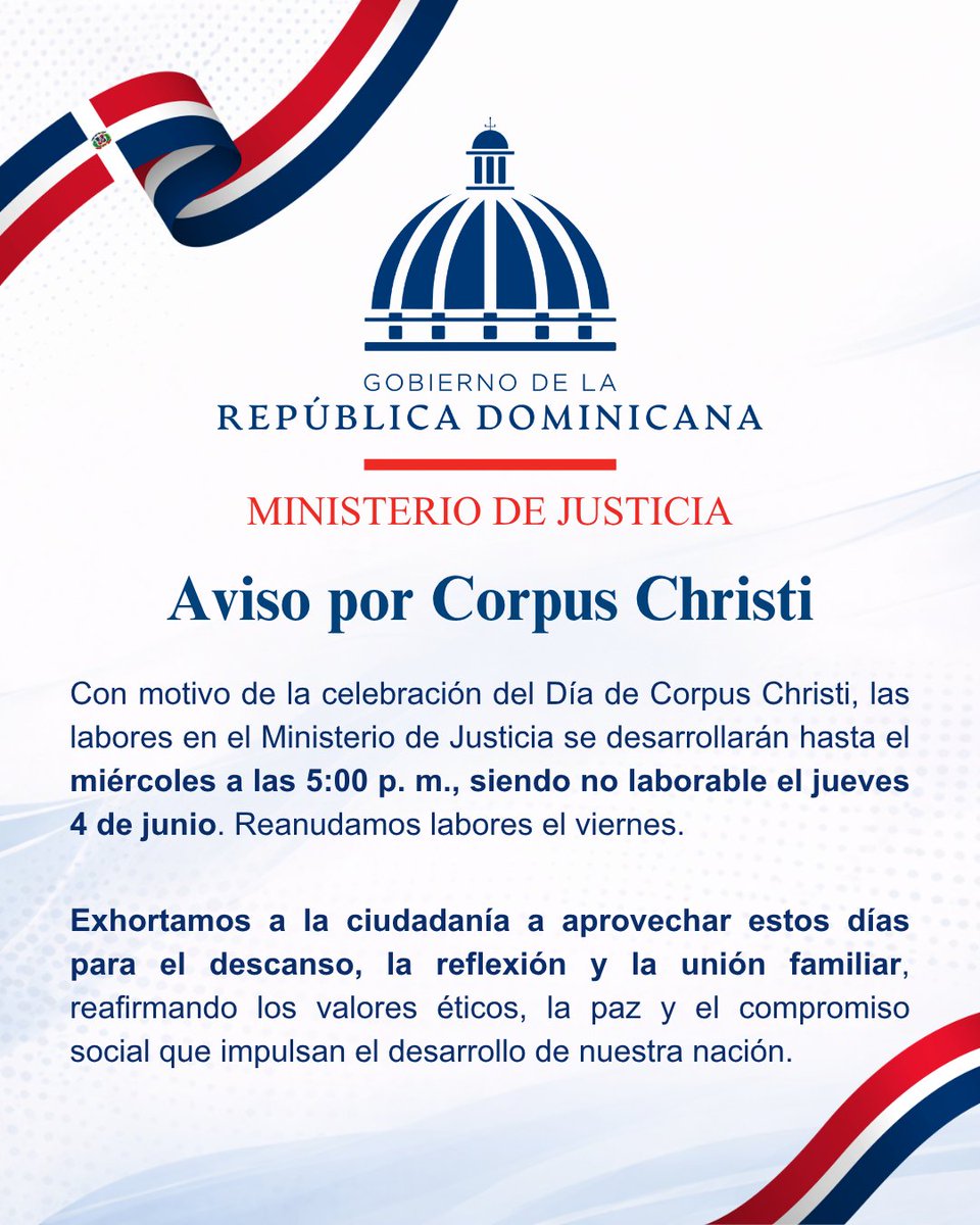 mijusticiard's tweet photo. Desde el Ministerio de Justicia reiteramos nuestro compromiso con la construcción de una sociedad más justa, pacífica y orientada al bienestar colectivo.

#MinisterioDeJusticiaRD, #MiJusticiaRD, #RepublicaDominicana, #CorpusChristi https://t.co/nP4VPSowiC