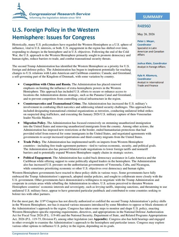 TheIndUSTech's tweet photo. A new 🇺🇸 Congressional Research Service report on the Western Hemisphere states:

• #China is the dominant extra-regional competitor to the U.S. in Latin America and the Caribbean.

• U.S. military leaders have expressed concerns that #Chinese #investments in ports, telecommunications networks, #space facilities, and infrastructure linked to the Panama Canal could support future Chinese #military objectives.

• #Russia's regional footprint is smaller than China's, but the U.S. remains concerned about Russian #Arctic activities and Moscow's ties with authoritarian governments in the hemisphere.

• The Trump administration says it will enforce a "Trump Corollary" to the #Monroe Doctrine to prevent China and Russia from controlling strategically vital assets in the Western Hemisphere.

• The #Panama Canal and #Greenland are identified as strategic locations in U.S.-China-Russia competition.

• China has surpassed the U.S. as the top trading partner for some South American countries.