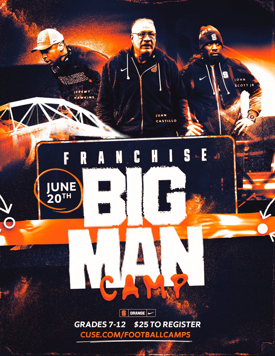 CuseFootball's tweet photo. 🍊 FRANCHISE BIG MAN CAMP 🍊

Trenches get built here. Come learn from the best with 20+ years of college and NFL experience! 

📅 June 20th
🎓 Grades 7-12
💰 $25 

Lock in your spot 👇
https://t.co/5Vdz3TMRbS https://t.co/z7FqysmHm6