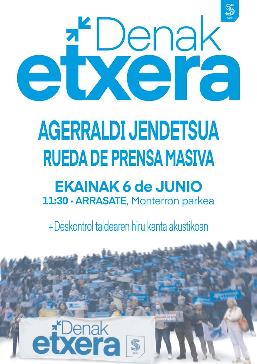 EtxeratElkartea's tweet photo. Euskal preso, iheslari eta deportatuen senide eta lagunen Etxerat elkarteak bat egiten du SAREk ekainaren 6an egingo duen agerraldi jendetsuarekin.

Hori dela eta, Etxeratek ekainaren 6an, 11:30ean, Arrasateko Monterron parkera azaltzeko deia egiten dizue. 

DENAK #etxera https://t.co/J5dHQqbqKA