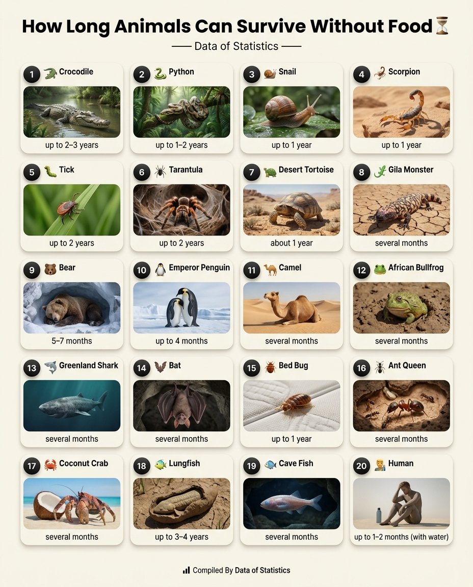 DataOfStats's tweet photo. How Long Animals Can Survive Without Food ⏳

1. 🐊 Crocodile — up to 2–3 years
2. 🐍 Python — up to 1–2 years
3. 🐌 Snail — up to 1 year
4. 🦂 Scorpion — up to 1 year
5. 🐛 Tick — up to 2 years
6. 🕷️ Tarantula — up to 2 years
7. 🐢 Desert Tortoise — about 1 year
8. 🦎 Gila Monster — several months
9. 🐻 Bear — 5–7 months
10. 🐧 Emperor Penguin — up to 4 months
11. 🐪 Camel — several months
12. 🐸 African Bullfrog — several months
13. 🦈 Greenland Shark — several months
14. 🦇 Bat — several months
15. 🐞 Bed Bug — up to 1 year
16. 🐜 Ant Queen — several months
17. 🦀 Coconut Crab — several months
18. 🐠 Lungfish — up to 3–4 years
19. 🐠 Cave Fish — several months
20. 👨 Human — up to 1–2 months (with water)

💧 Without water, humans usually survive only 3–7 days.

📊 Compiled By Data of Statistics.