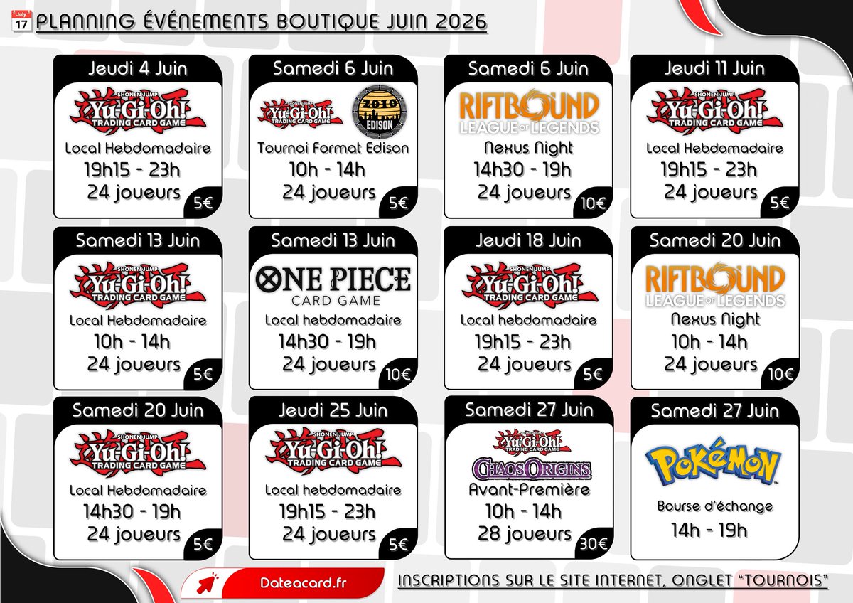 DateACard's tweet photo. Update sur les tournois de juin ! 

Retrouvez une AP Chaos Origins à la boutique ! https://t.co/Tanrmzrrbs