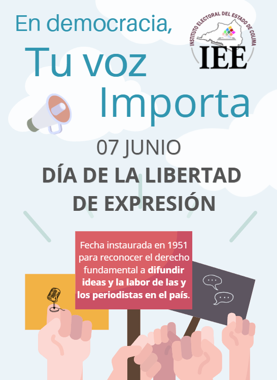 IEECOLIMA's tweet photo. #07DeJunio #DíaDeLaLibertadDeExpresión
👉🏾 El derecho a manifestar y difundir opiniones e ideas sin censura y con respeto, contribuye a fortalecer nuestra democracia. 
👉🏾 El @IEECOLIMA reconoce la labor de informar de manera libre, profesional y responsable que realizan los medios https://t.co/LEmZ07qhKQ