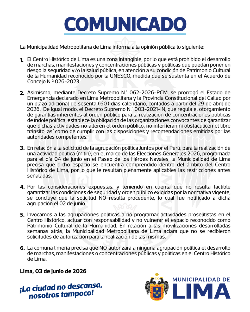 MuniLima's tweet photo. 🔴 #Comunicado | La Municipalidad Metropolitana de Lima pone en conocimiento de la opinión pública lo siguiente: https://t.co/338C5lQVNh