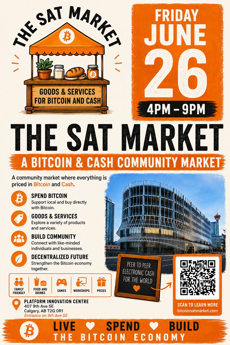 UnHypnotizedBTC's tweet photo. The Sat Market returns!
Join us for our 7th night market
Friday, June 26th
New venue Platform Innovation Centre, 407 9th Ave SE, Calgary 4-9 PM

Why join?
Always Free to attend
Family Friendly
Participate in the bitcoin economy!!!
Support local
Take part in a workshop
Play some games
Win some prizes
Enjoy some Food & Drink.

Register here:
https://t.co/u1shE888Nh

@SAT__Market 
@BTCsessions