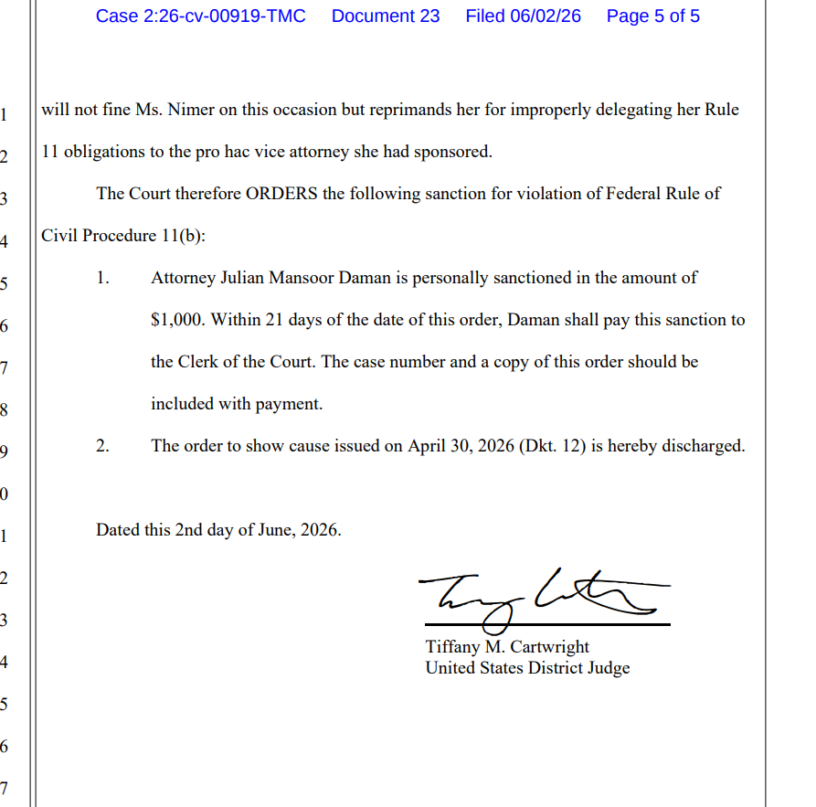 RobertFreundLaw's tweet photo. Another lawyer in trouble for AI misuse:  

This lawyer filed a habeas petition that cited irrelevant cases and included quotations that did not exist. 

 Lawyer explained that "a group of legal interns ... used Google Gemini to generate text used in the filings."  

He said Gemini "fabricated the quotes and confidently presented this information as binding Ninth Circuit precedent."  

The lawyer said the interns "failed to mention this," he fired them, and he apologized.  

Sanctions: $1,000.