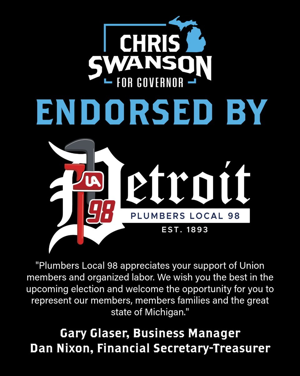 swanson4mi's tweet photo. Thank you to Plumbers Local Union 98 for endorsing this campaign. Representing more than 1,600 skilled trades workers across the Detroit area, these men and women help build, maintain, and service the infrastructure that keeps our communities running every day.
I'm so grateful. https://t.co/eHPY7jWCjv
