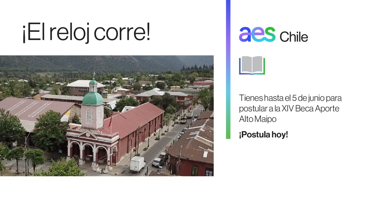 AES_Chile's tweet photo. Si vives en San José de Maipo, el momento de potenciar tu futuro es AHORA. Postula a la XIV versión de la Beca Aporte Alto Maipo de AES Chile.

🗓️ Plazo hasta el 5 de junio.

🔗 Revisa las bases aquí: https://t.co/QxX8HWCJ3e https://t.co/gNHdIrOQEY