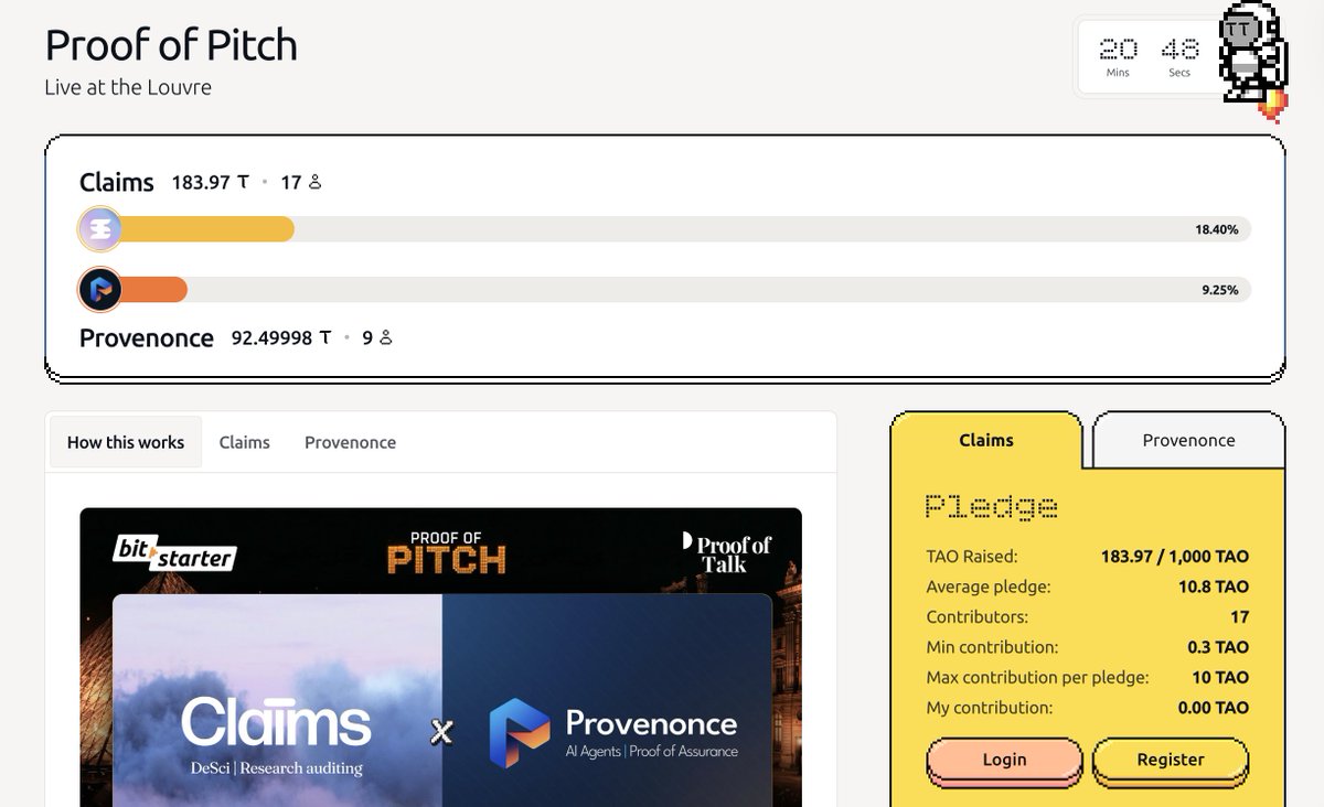 bitstarterAI's tweet photo. Proof of Pitch crowdfunding is live. 🏛️

Four great pitches. But only two teams remain. @provenonce_ai and
@DeSciClaims

Now it's your turn to decide.

Back a team here: https://t.co/2x0gKw6TDb https://t.co/FAuDPy1iM2