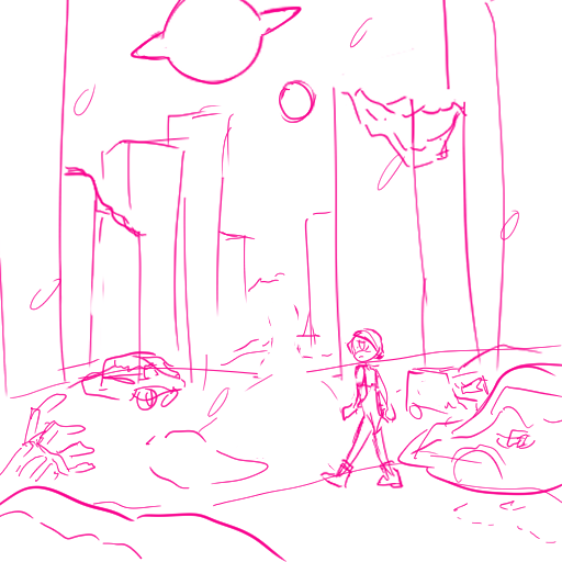 MD_TFE's tweet photo. First: old sketch from em-bandaid-boy.
Second: final illustration from @PIXEL_animateMD 

The sketch was made even before the idea of character portraits in the foreground. Since then, we've been avoiding placing characters on backgrounds.

#MurderDrones #IndieGame https://t.co/5EwtpPJrBP