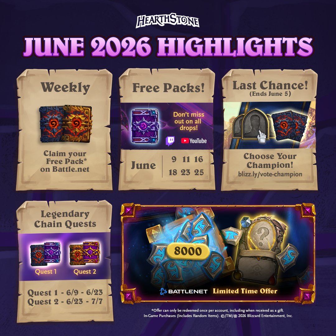 PlayHearthstone's tweet photo. 🥳 June has kicked off with some exciting announcements!

What are you most looking forward to later this month? https://t.co/T5dHzCmFwz