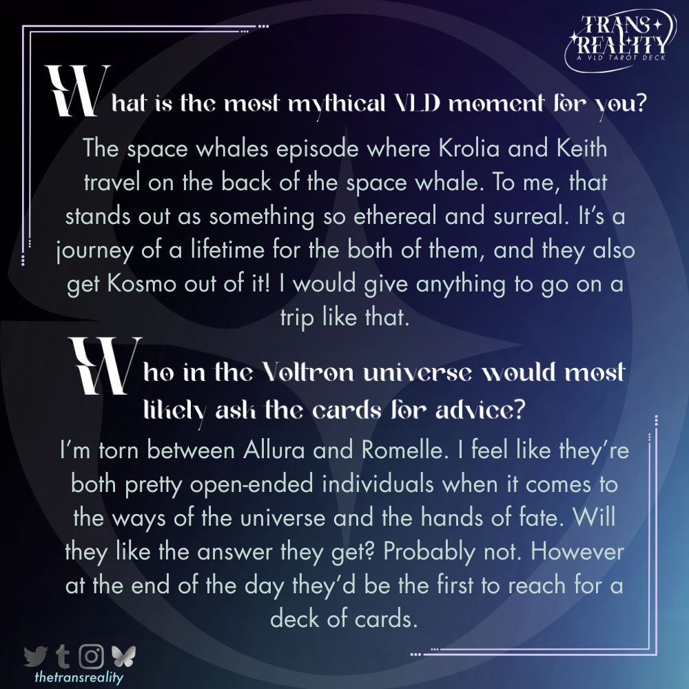 thetransreality's tweet photo. 🌟 MYSTICAL Q&amp;A 🌟

Greetings Galactic Wanderers! 💫

✨We asked our amazing contributors to share a bit about the project, the cards, tarot, voltron and mystery! Take a gander at what they said! 🥰

✨Today we hear from one of our mystical writers, amazing Red! @redstitches04 https://t.co/OpSjaVVzji