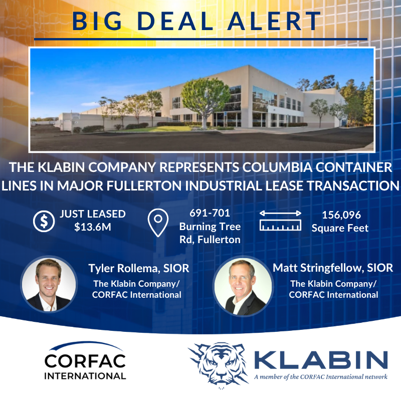 CORFACIntl's tweet photo. 🚨 Big Deal Alert 🚨

Congratulations to Tyler Rollema, SIOR, and Matt Stringfellow, SIOR, of The Klabin Company/CORFAC International on representing Columbia Container Lines in a major industrial lease transaction in Fullerton, California.
📖:
https://t.co/VE2wNNUWFK https://t.co/qMJKBWMpo5